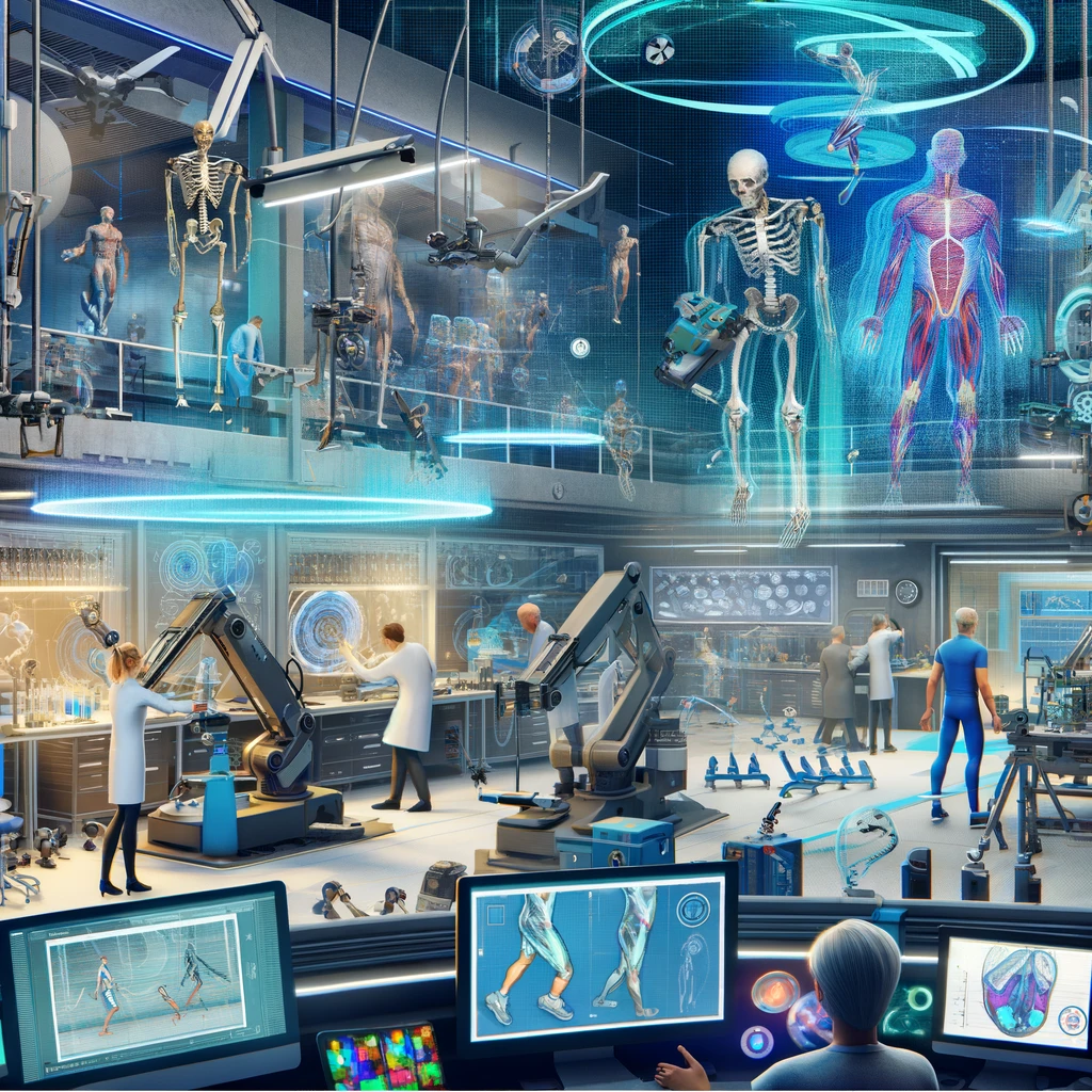 An imaginative and detailed illustration showing the behind-the-scenes of a biomechanics method. The image features a sophisticated laboratory setting